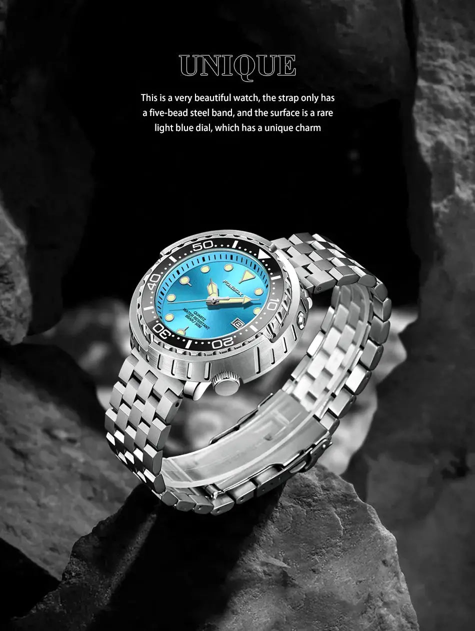 FOXBOXE quartz men's wristwatch with blue dial, steel bezel and stainless steel bracelet
