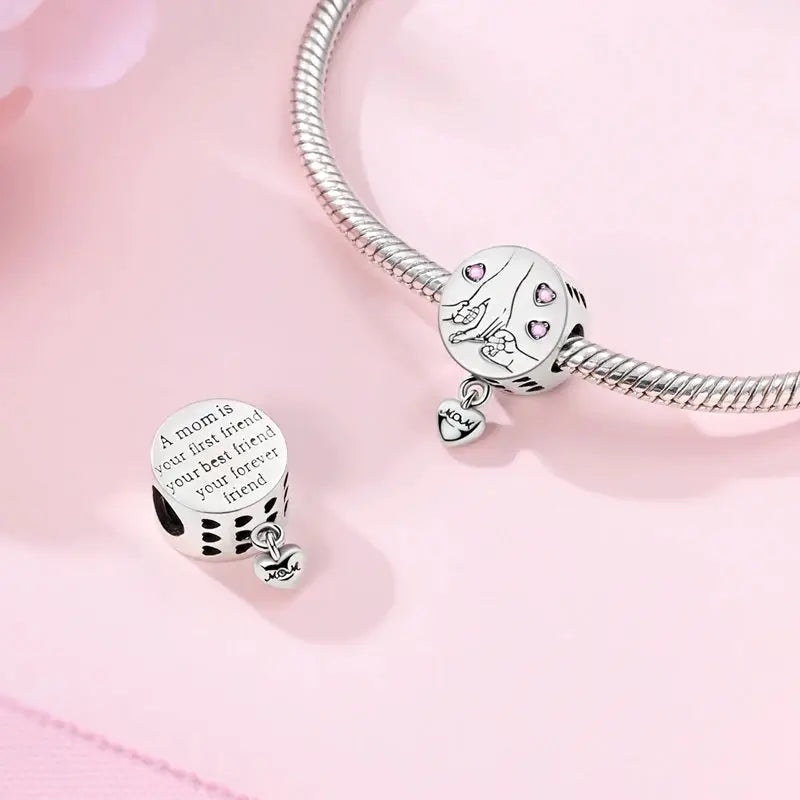 Mother's Day 925 Sterling Silver Heart Charms Beads Dangle For Bracelets Love Mom Jewelry Gift
