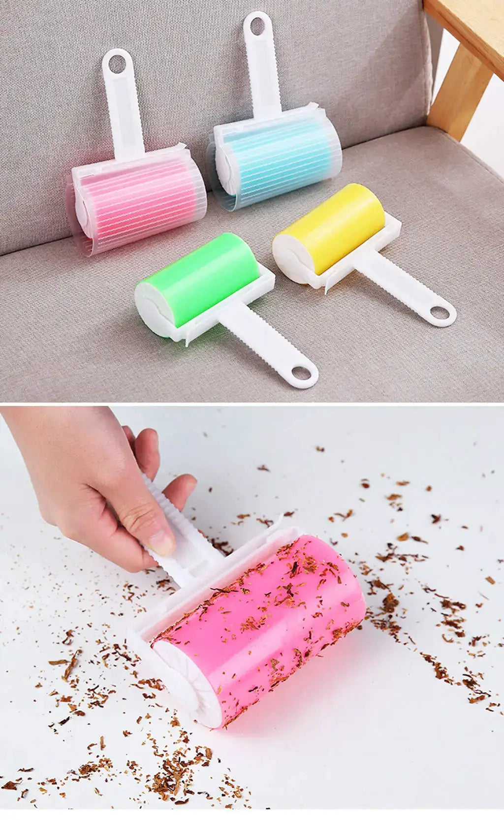 Simples Market 4-pack washable sticky lint rollers in pink, blue, green, yellow with reusable handles.
