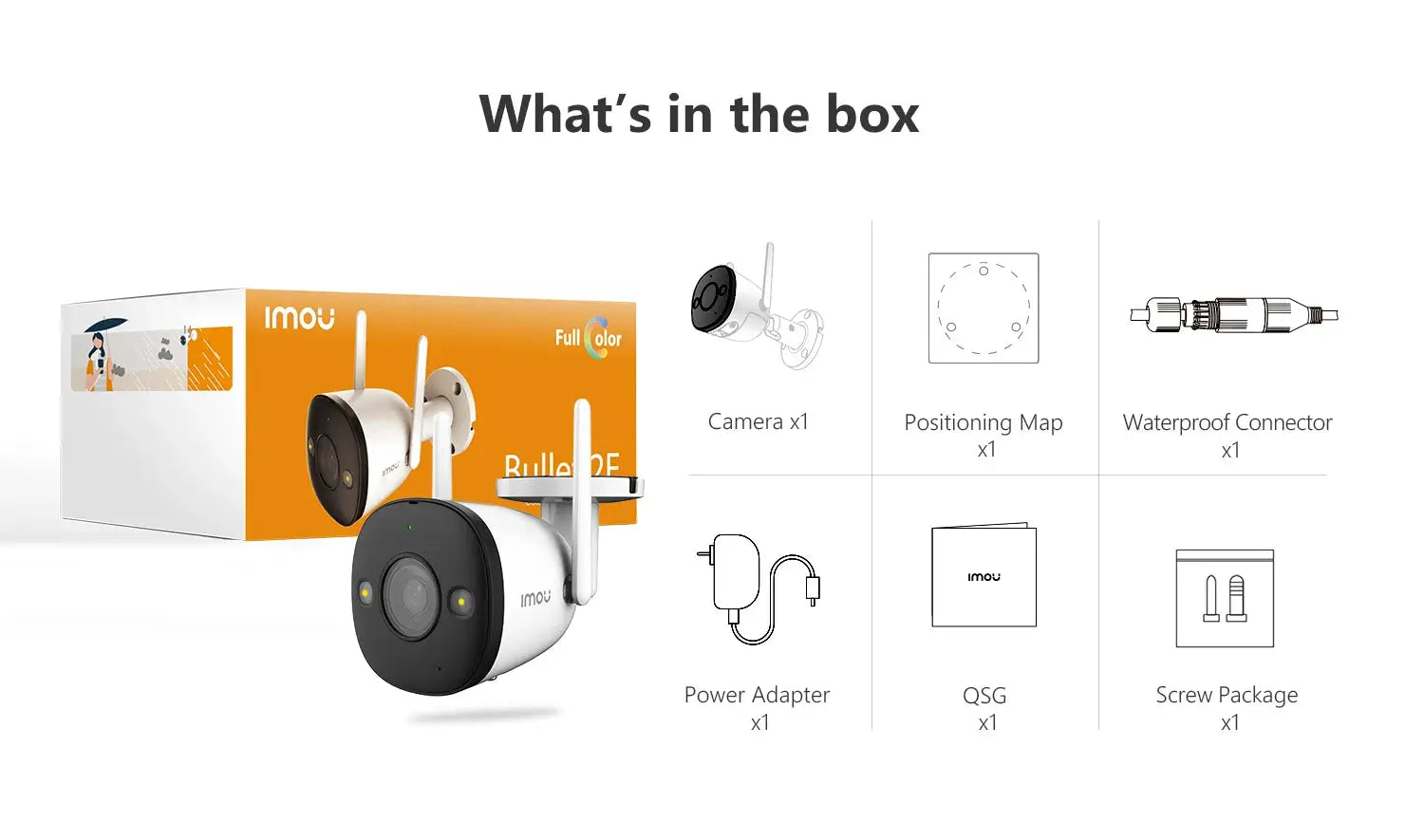 IMOU Bullet 2E 5MP Full Color outdoor WiFi camera with IP67; 6-item kit