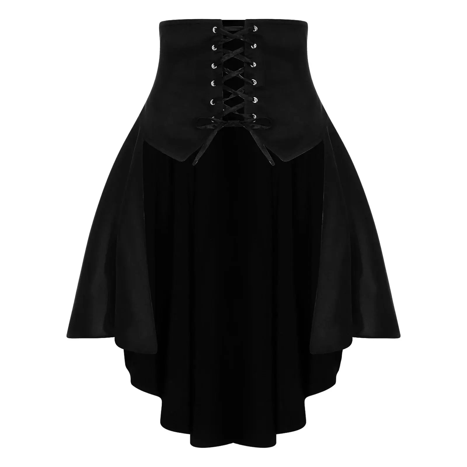 Womens gothic steampunk pirate skirt in black satin with front lace-up corset waist and tiered irregular hem