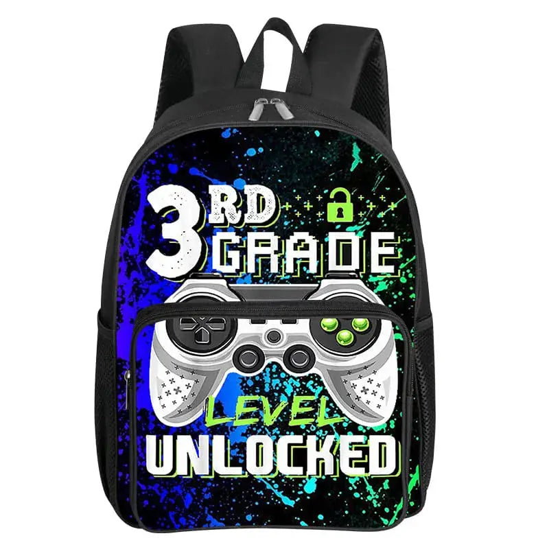 GamePad patterned square-front pocket backpack with neon blue-green controller graphic on black fabric