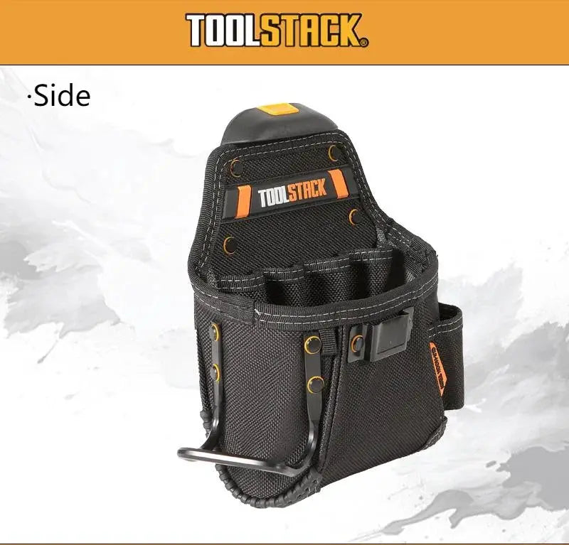 ToolStack black Oxford mini utility toolkit waist pouch with orange accents and multiple pockets.