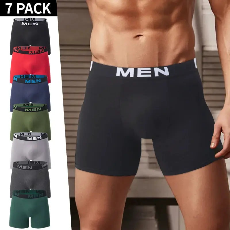 Men's boxer briefs, 7-pack in assorted colors; black pair shown on model, breathable stretch fabric