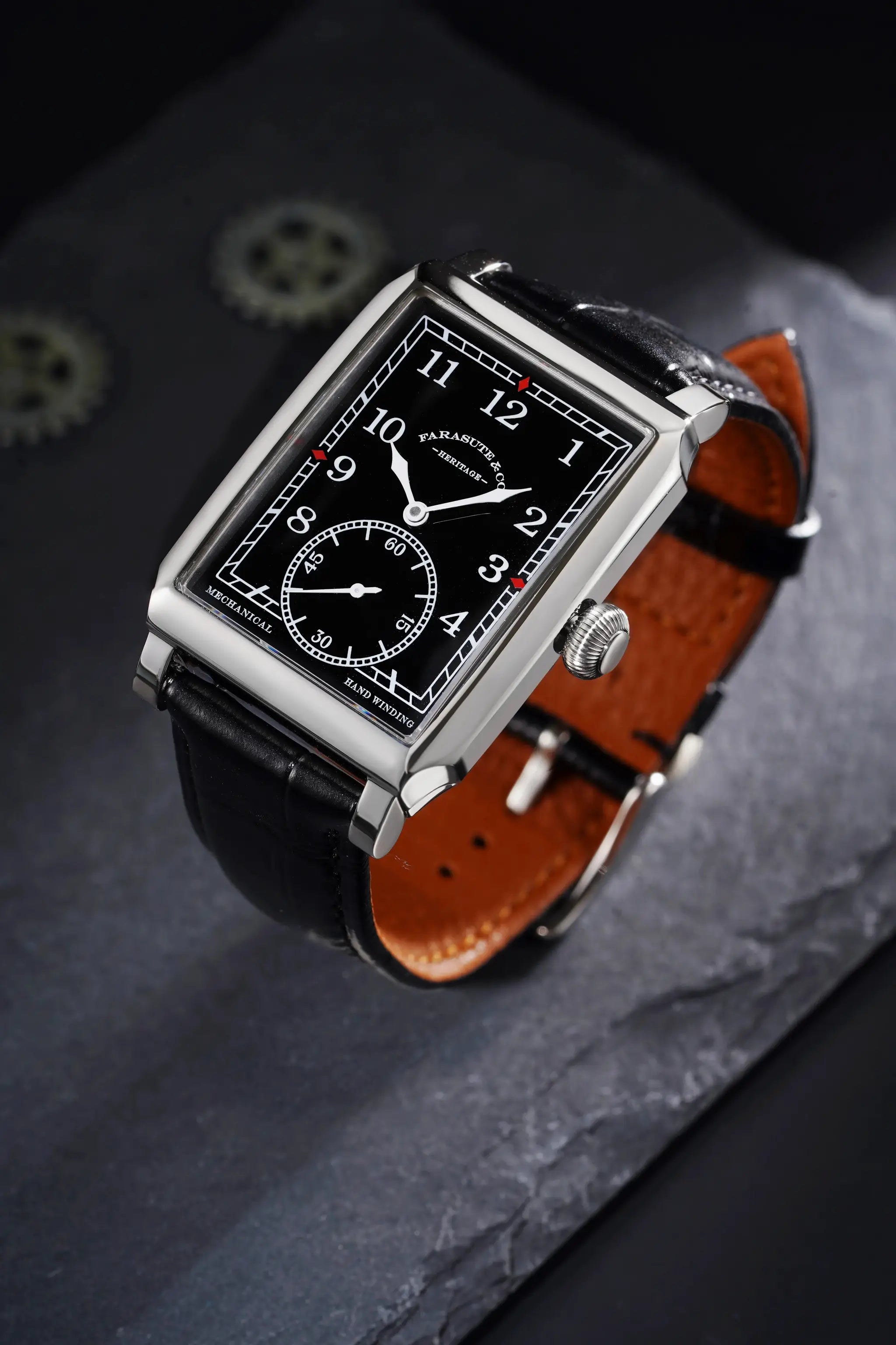 FARASUTE square mechanical men's watch with black dial, white numerals, silver case, brown leather strap, Simples Market