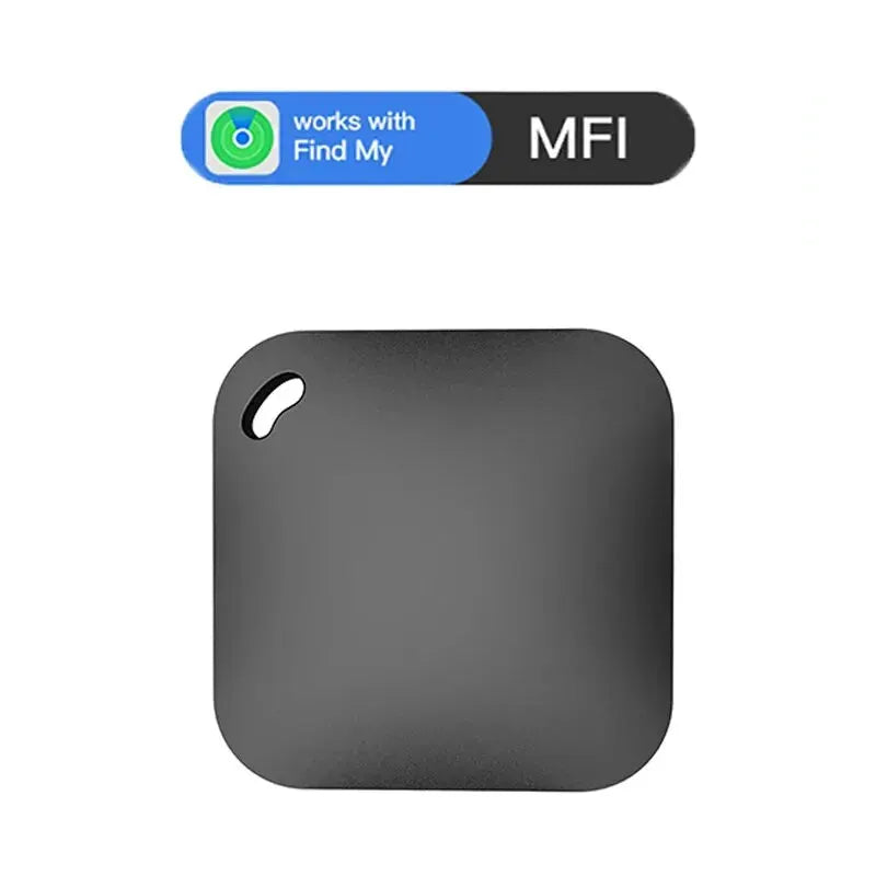 Smart Bluetooth GPS tracker; square black device for keys, pets and kids; Apple Find My compatible (MFI)