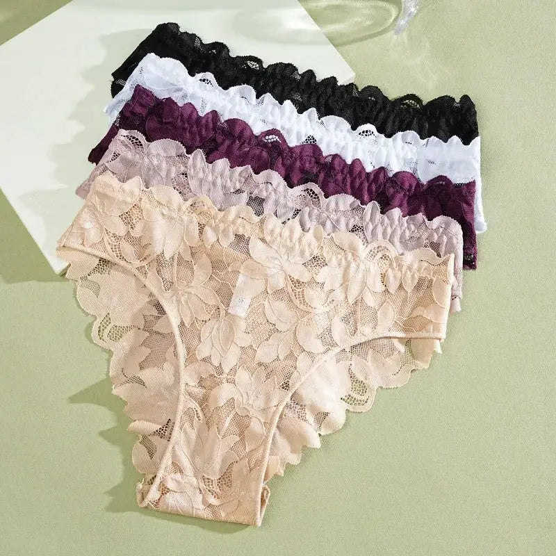 5-pack floral lace panties for women in black, white, purple, beige and nude; low-waist breathable briefs