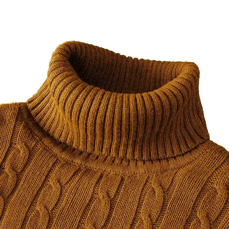 Men's heavyweight turtleneck cable-knit sweater by Simples Market, brown outdoor casual pullover