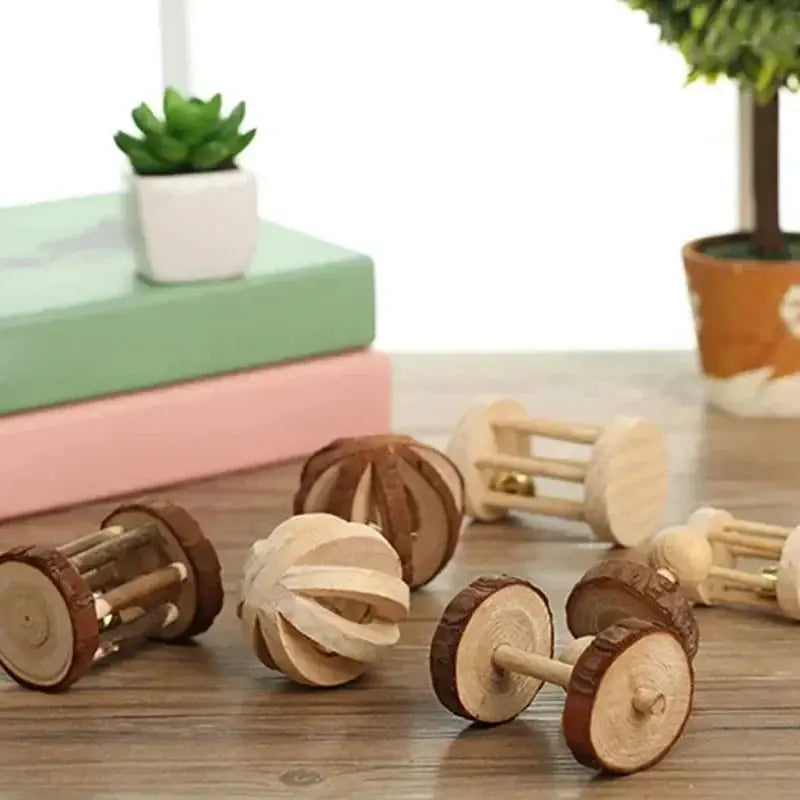 Cute Rabbit Roller Toys 6-piece set; wooden dumbbells, unicycle rollers for guinea pigs and pets by Simples Market
