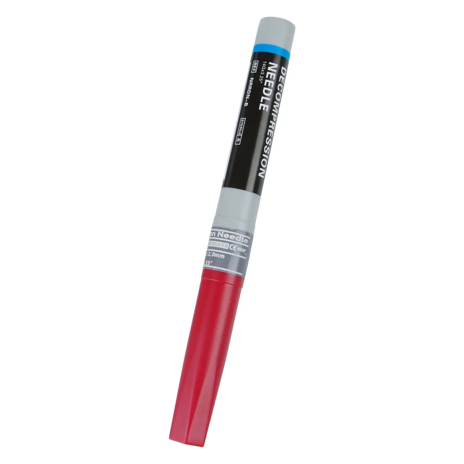 Needle decompression device for chest trauma by Simples Market; red shaft, gray cap, blue band