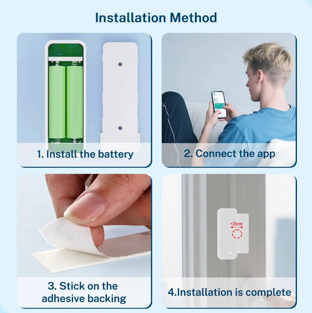 Door sensor by Simples Market, Tuya Zigbee, white housing; battery installed and app connected.