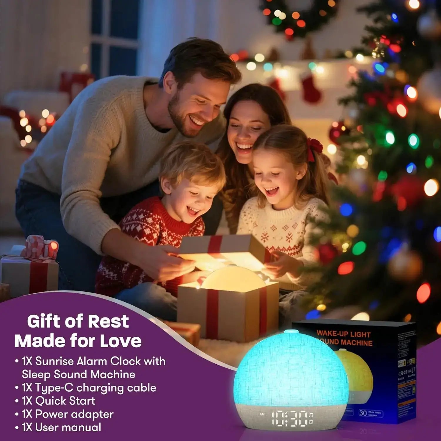 Wake Up Light Sunrise Alarm Clock by Simples Market with dimmable RGB night lights.