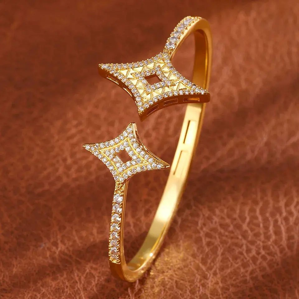 Luxury Geometry Gold Color Cuff Bangles For Women With Cubic Zirconia Bracelets For Party And Everyday Wear