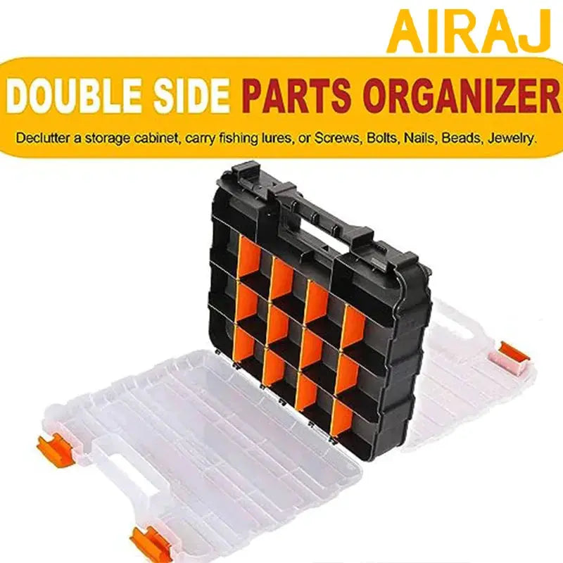 AIRAJ 34-compartment double-side parts organizer; black case with removable orange dividers.