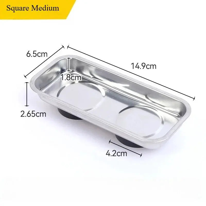 Square magnetic stainless steel parts tray with dual magnets for easy access