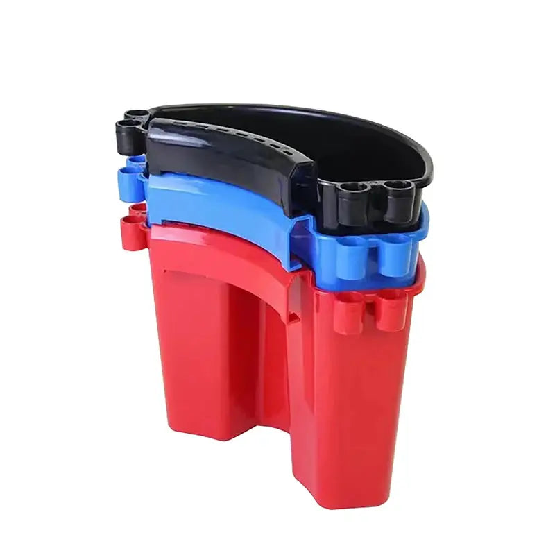 Universal bucket organizer by Simples Market; red bucket with blue and black tool holders for car detailing