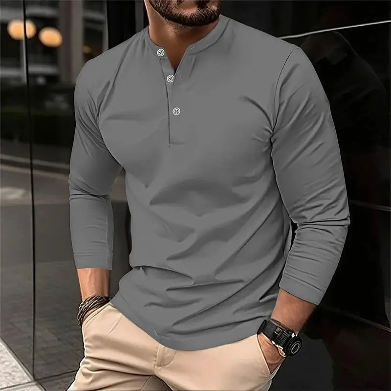 Men's long-sleeve grey henley polo shirt, casual breathable top for everyday wear