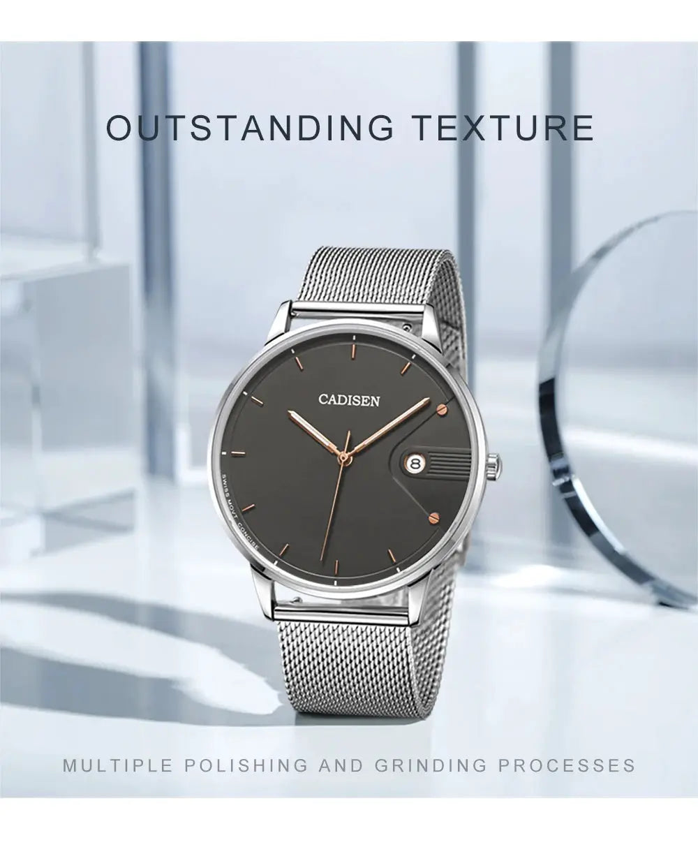 CADISEN men's watch, stainless steel Milano mesh strap, dark dial with rose-gold hands