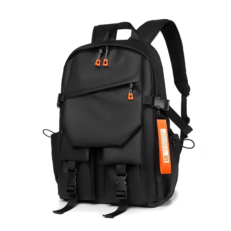 Luxury men's black backpack with orange zipper pulls and multiple pockets