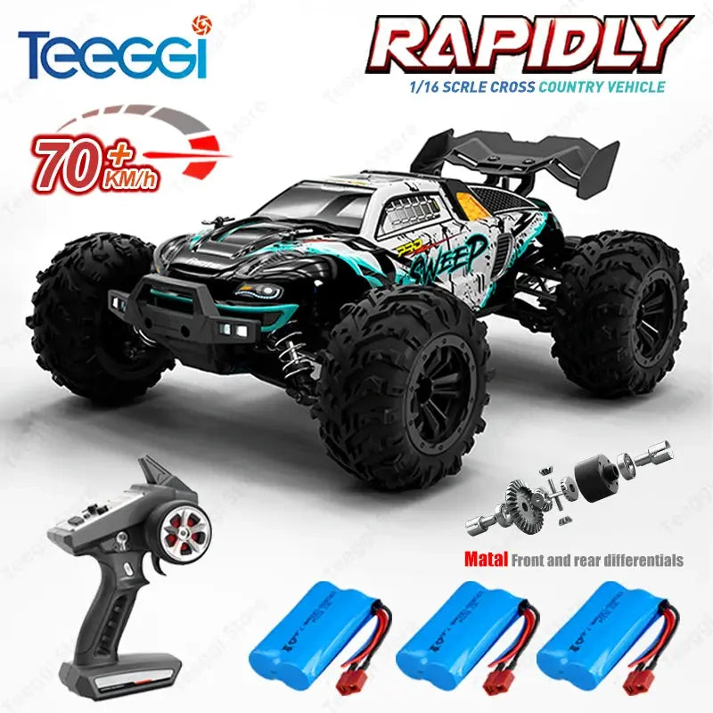 Teeggi 1:16 PRO RC monster truck, 4WD with LED lights, includes remote and 3 blue batteries