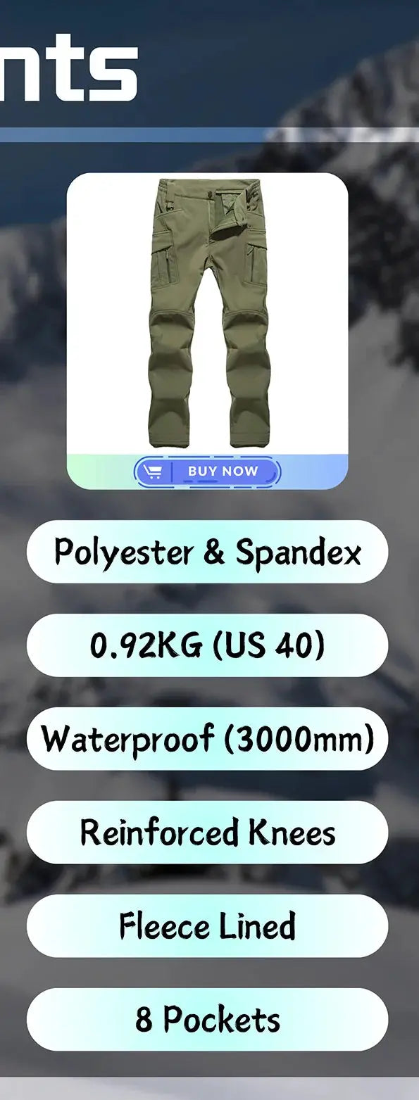 Olive green cargo pants with eight pockets; polyester & spandex blend