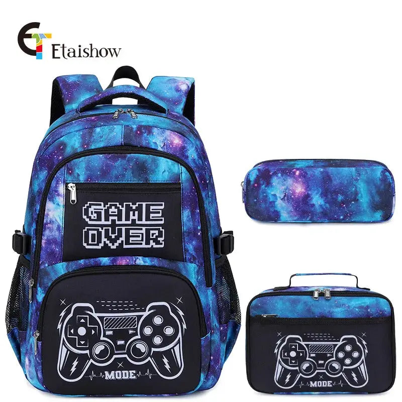 3-piece galaxy blue backpack set for boys with lunch bag and pencil case by Simples Market