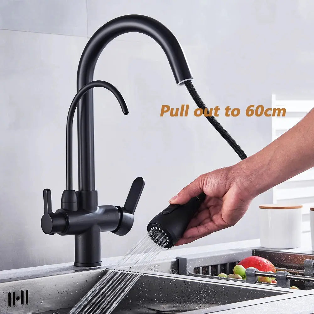 Simples Market Onyzpily black pull-out kitchen faucet with dual handles
