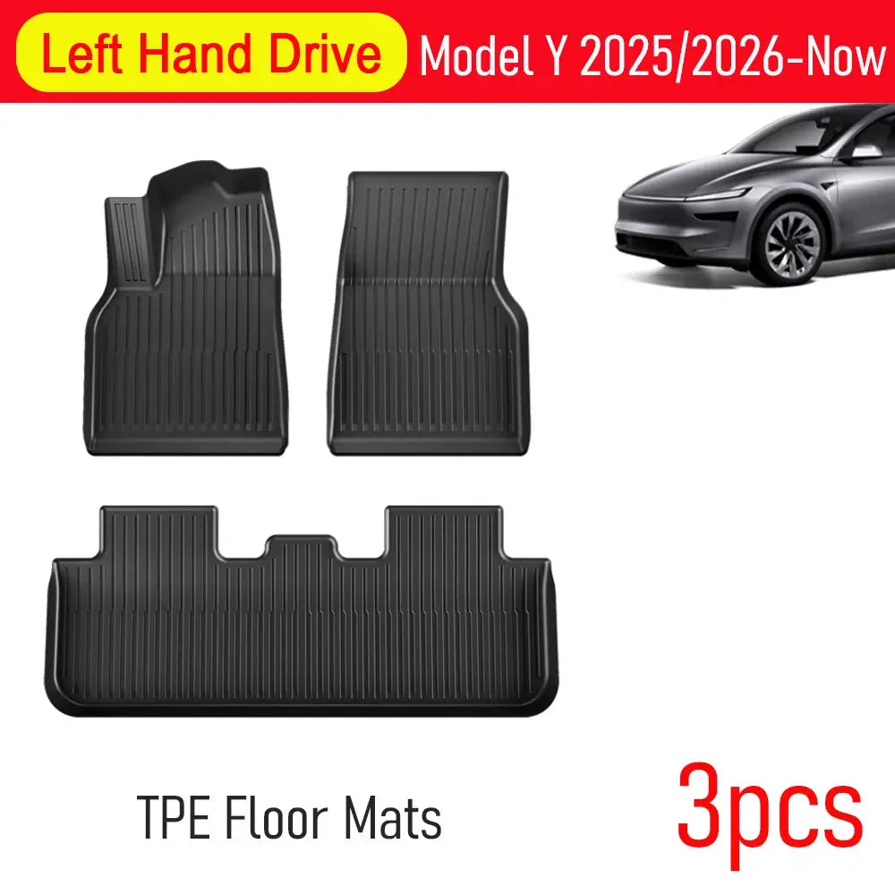 Floor mats for Tesla Model Y 2025–2026, 3-piece TPE all-weather set in black by Simples Market