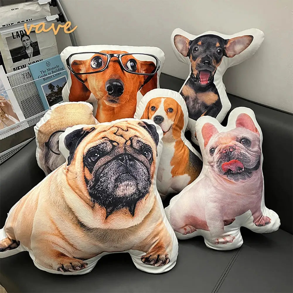 Photo Custom Shape Pillow Case set by Simples Market; six dog-shaped plush cushions for sofa or car