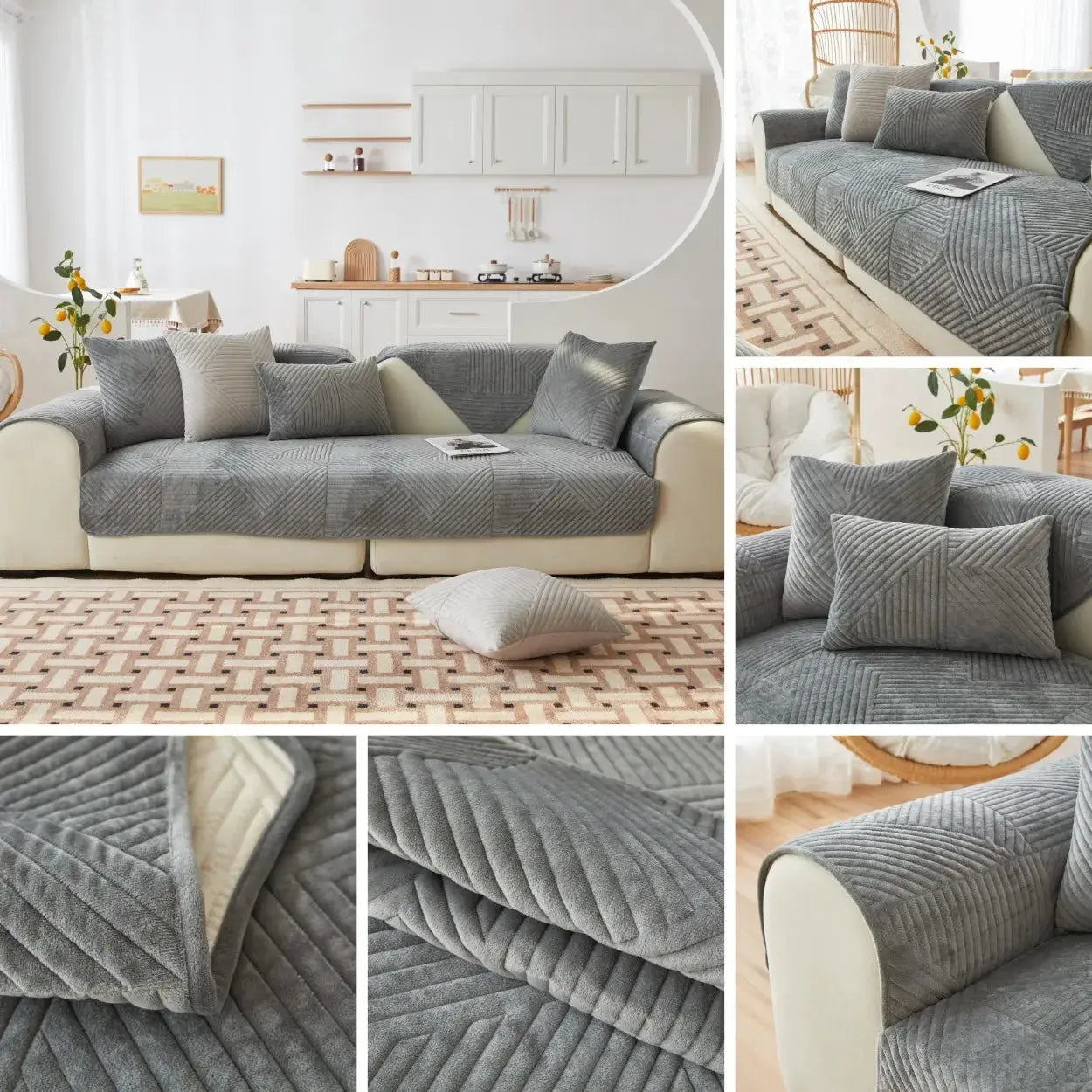 Simples Market Crystal Velvet sofa cover in gray quilted fabric with non-slip backing for living room.