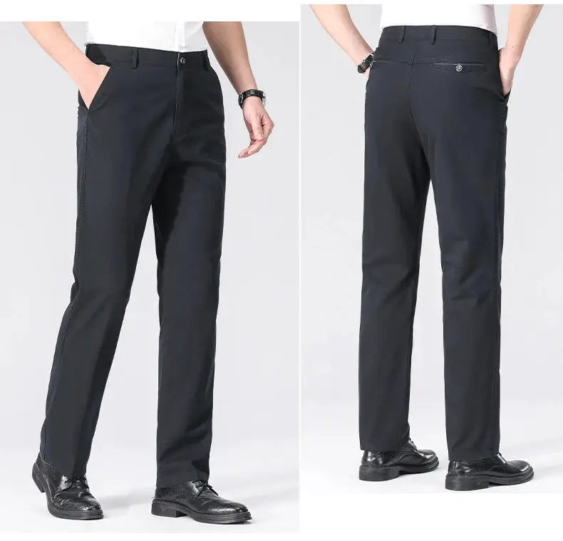 Simples Market men's chino pants - black lightweight business casual dress trousers with pockets, front and back views
