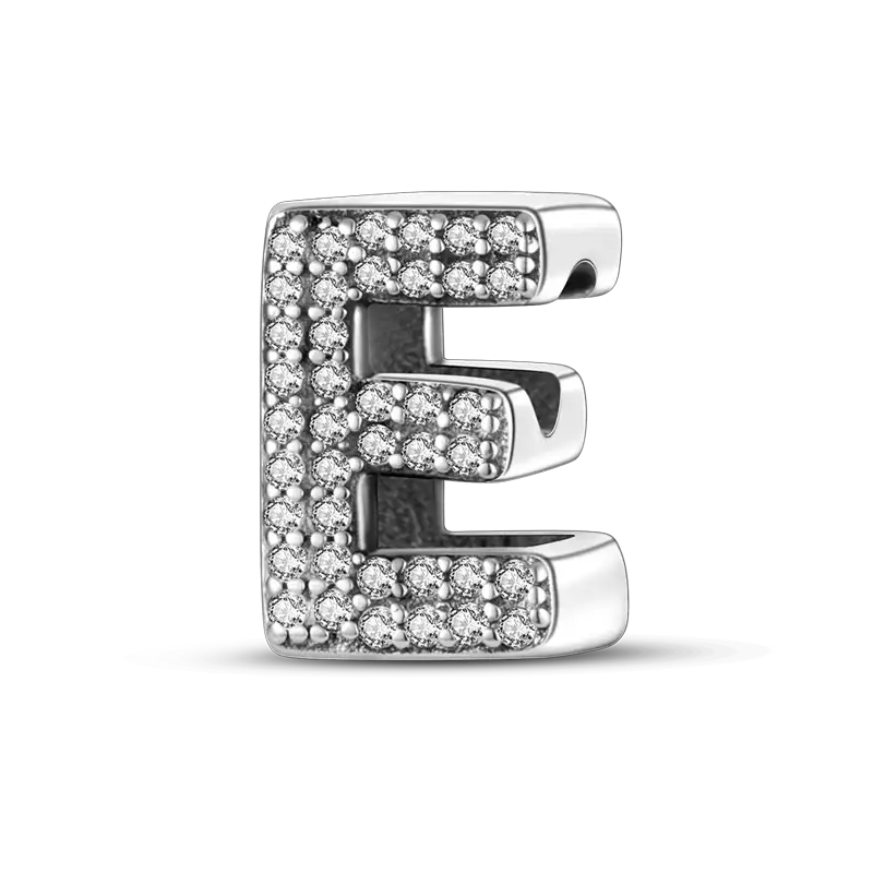 E alphabet charm pendant in 925 sterling silver with clear CZ stones.