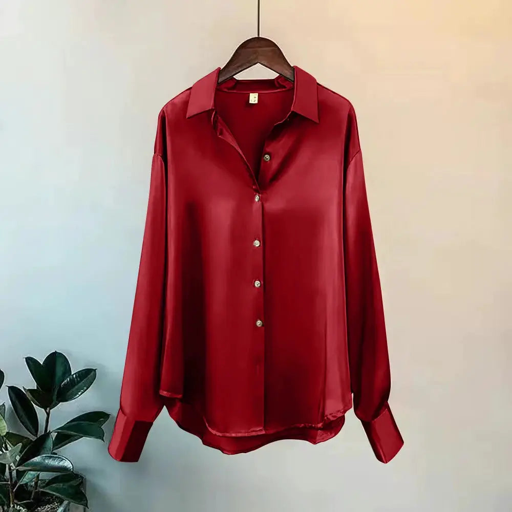 Aurora Couture Satin Blouse For Women All Season Comfort Button Front For Office And Casual Wear