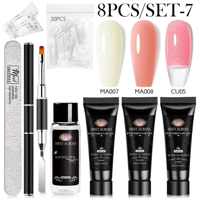MEET ACROSS extension nail gel kit by Simples Market with gel tubes, slip solution, file, brush, and 20 clear tips