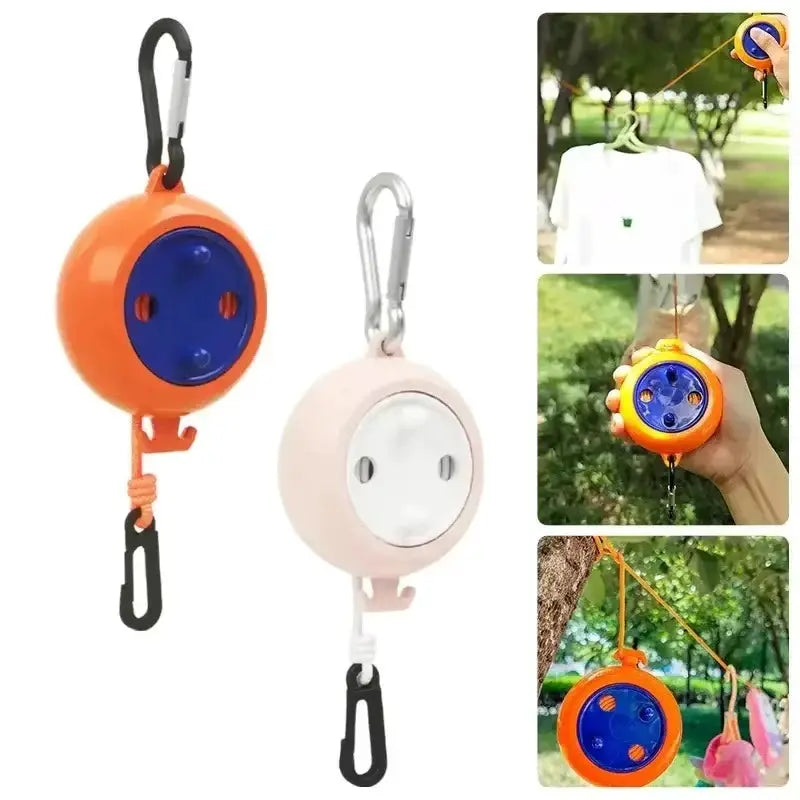 Simples Market portable retractable clothesline with carabiners; two color variants: orange and pink.