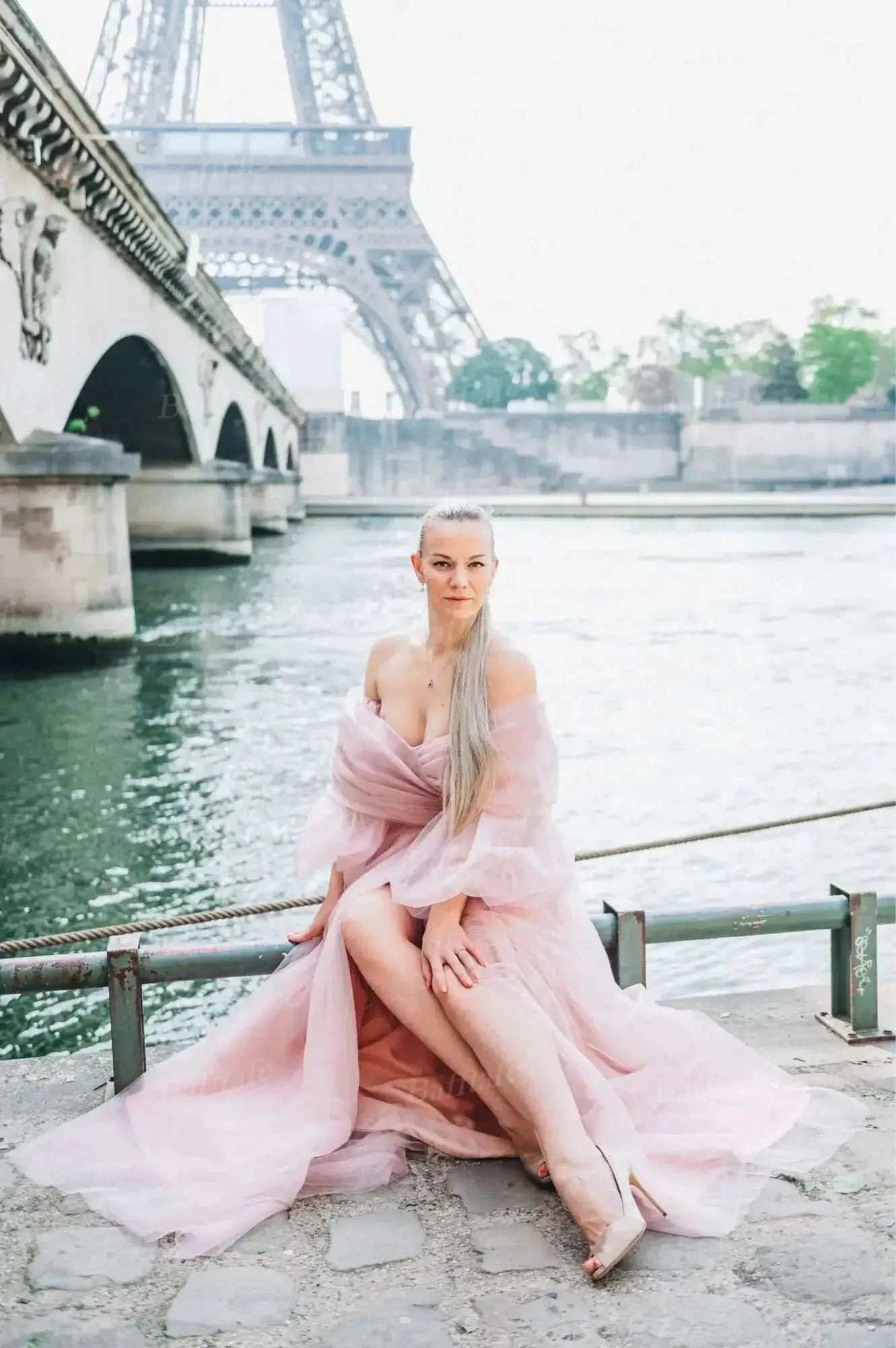 Bafftafe Pink Shiny Tulle Prom Dress Off Shoulder Puff Sleeve Dress