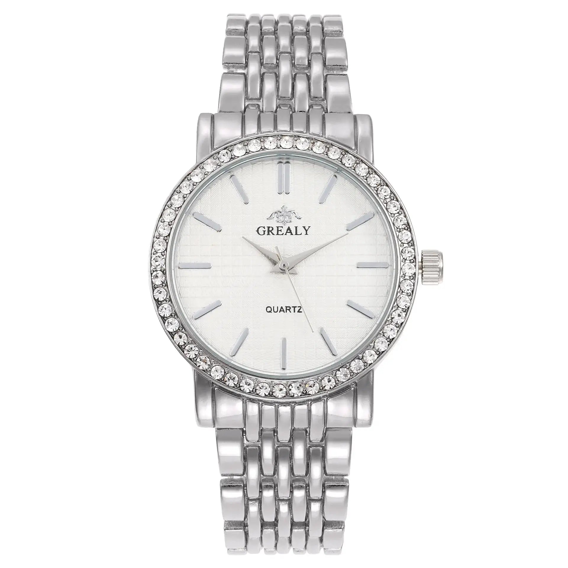 Women's silver quartz watch with rhinestone bezel and metal link bracelet by Simples Market