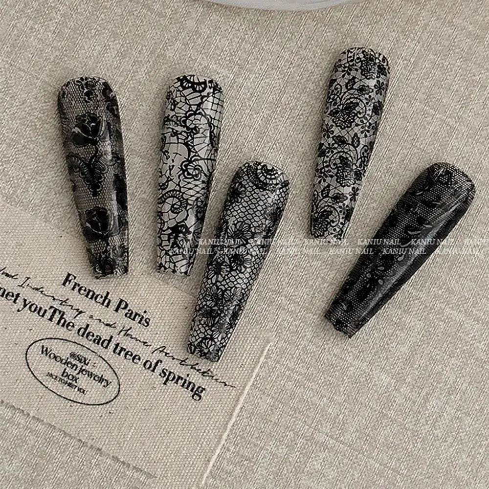 Simples Market lace nail wraps in black-and-white lace pattern; five full-wrap decals