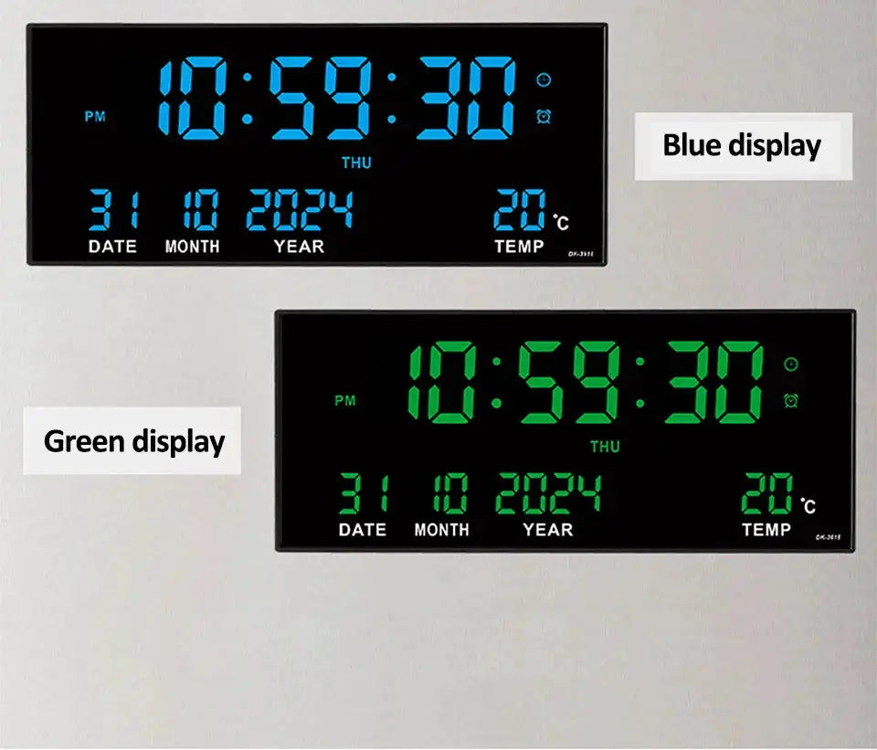 Two Simples Market 14-inch LED wall clocks with date, calendar, temperature and 8 alarms; blue and green displays