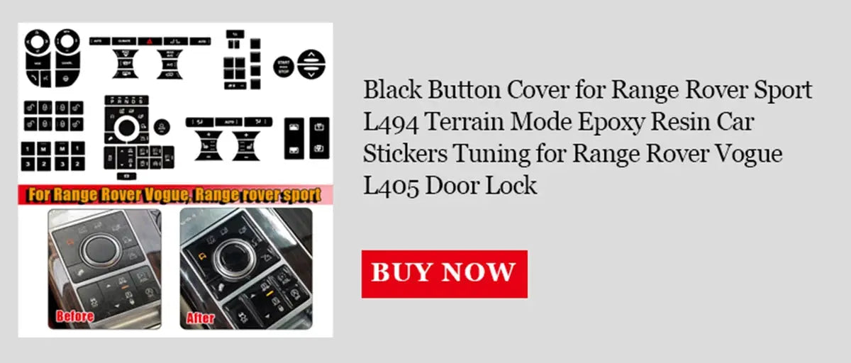 Simples Market sticky button cover kit for Range Rover interior; black epoxy-style, two before/after shots