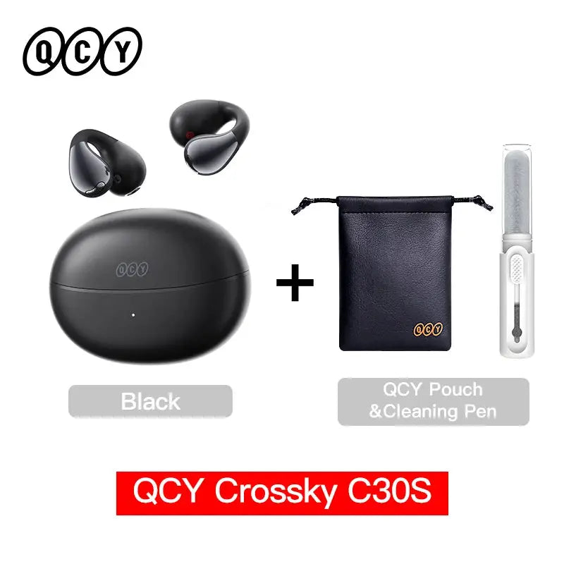 QCY Crossky C30S open-ear wireless earphones with black charging case; includes pouch and cleaning pen