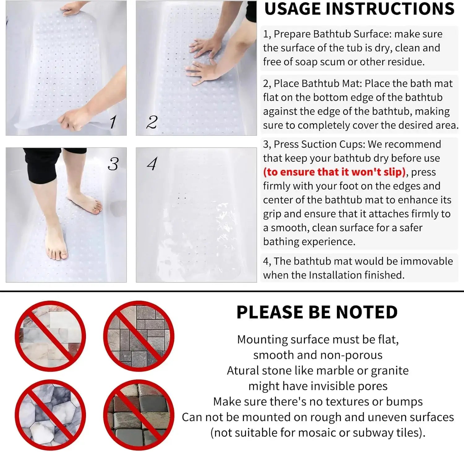 Simples Market 1pc cartoon extra-long bathtub mat, 40x100cm, white non-slip bath mat with suction cups and drain holes.