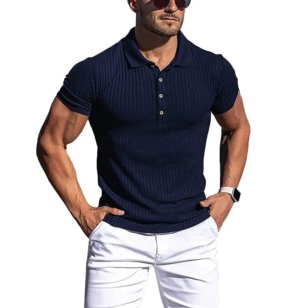 Men's navy polo shirt with ribbed texture, short sleeves, stand collar, stretchy fit