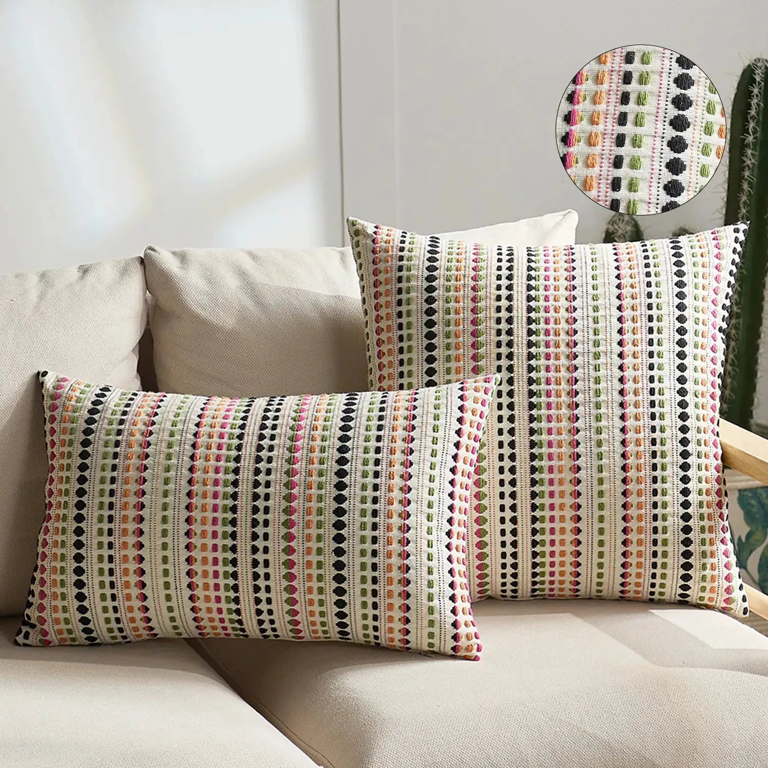Boho Dots Jacquard Cushion Cover 45x45cm with zipper closure; multicolor stripes on white fabric, Simples Market