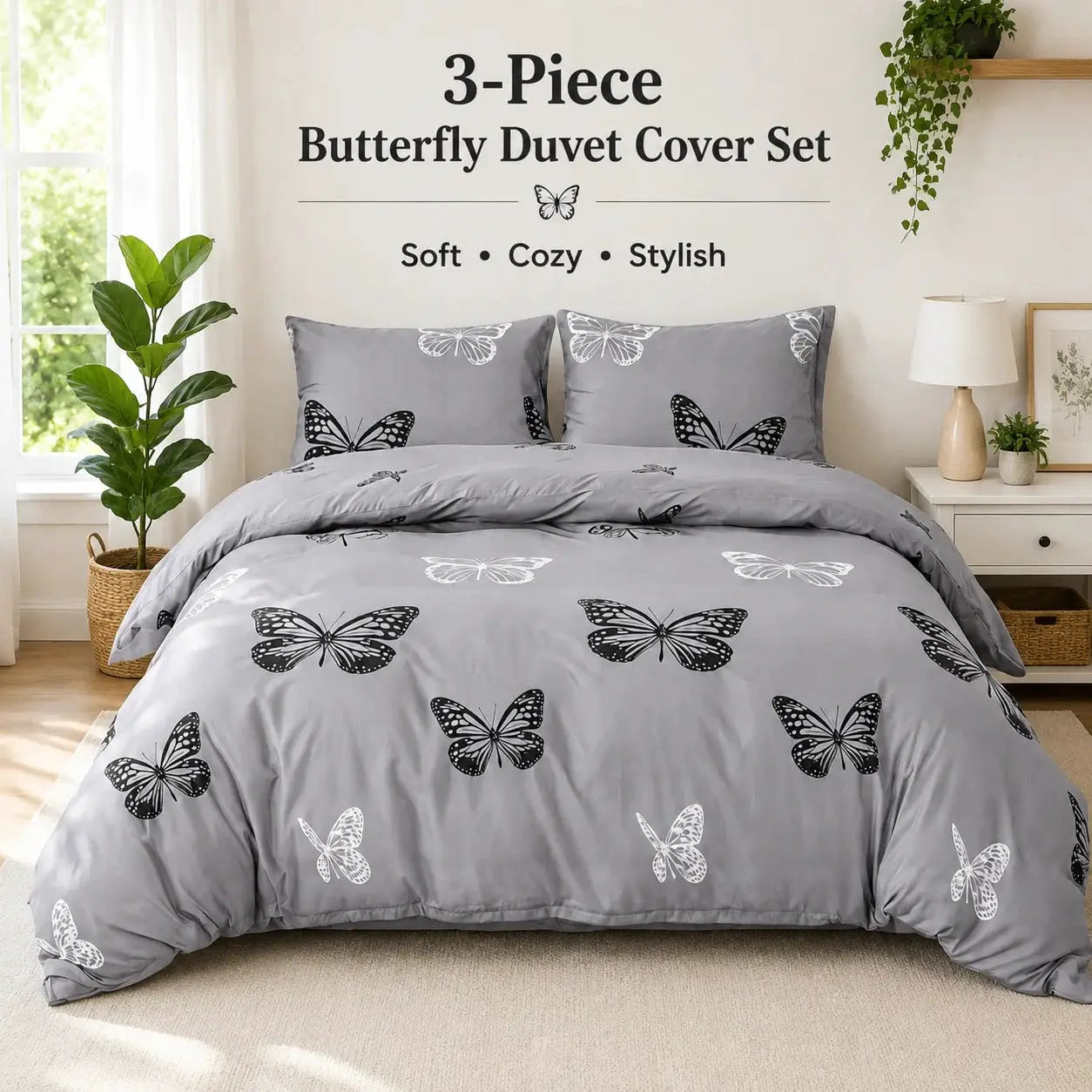 3-Piece gray butterfly duvet cover set with two pillowcases by Simples Market