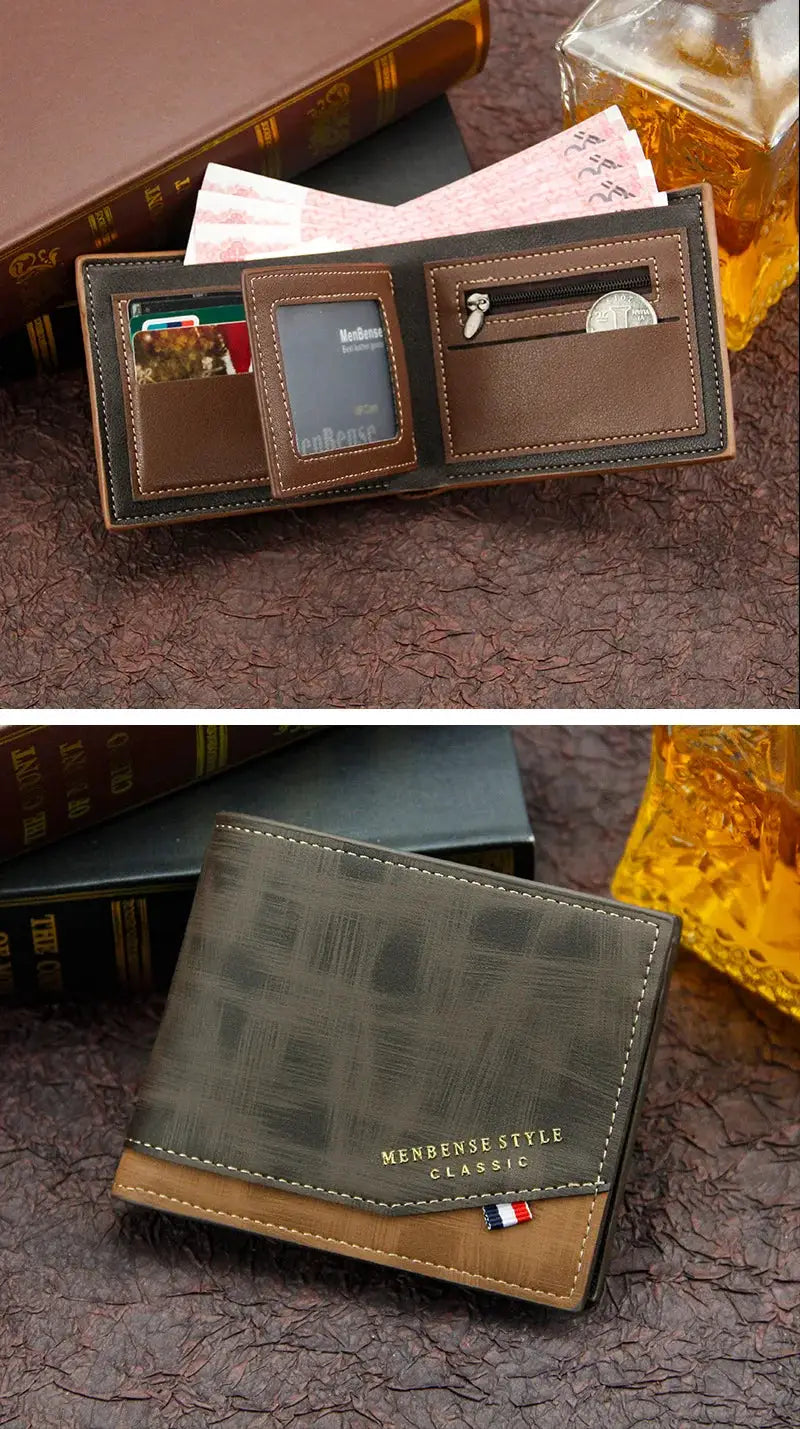 Men's two-tone brown leather bifold wallet with ID window, card slots and coin pocket; Menbense Style Classic.