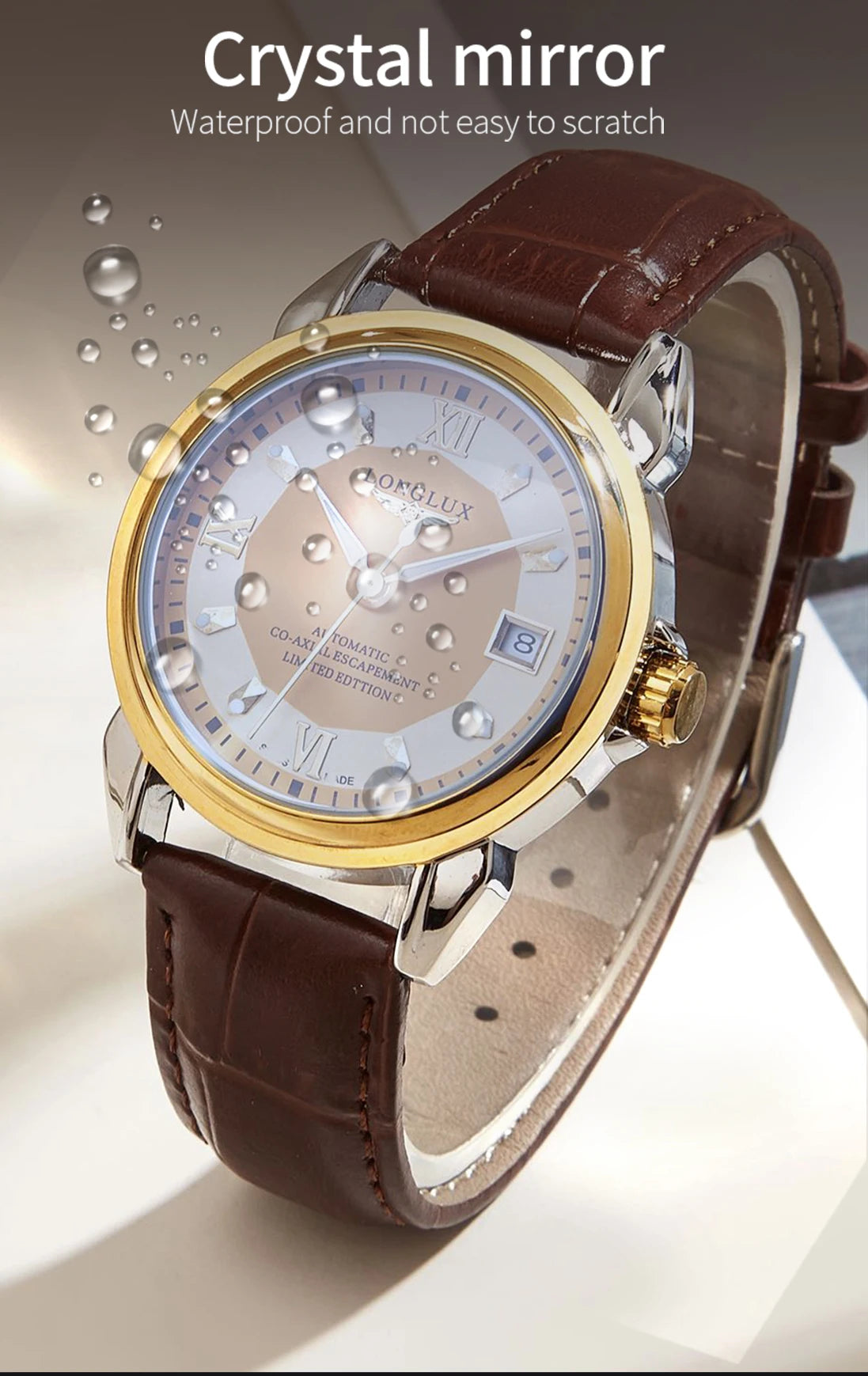 Men's automatic watch with brown leather strap, gold bezel, silver dial and date window.
