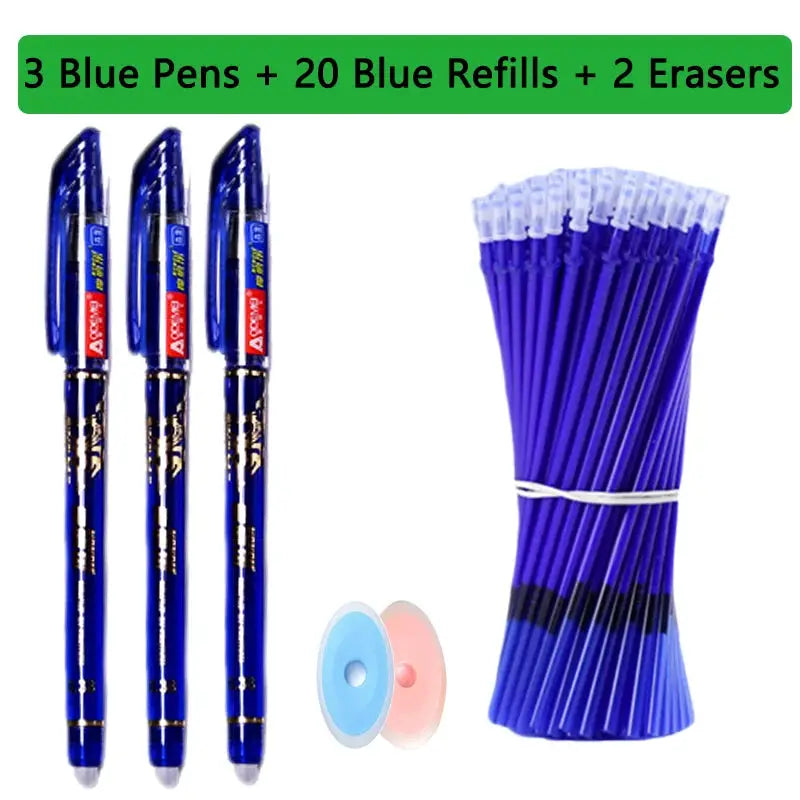 Simples Market 25-Pcs Kawaii erasable gel pen set: 3 blue pens, 20 blue refills, 2 erasers