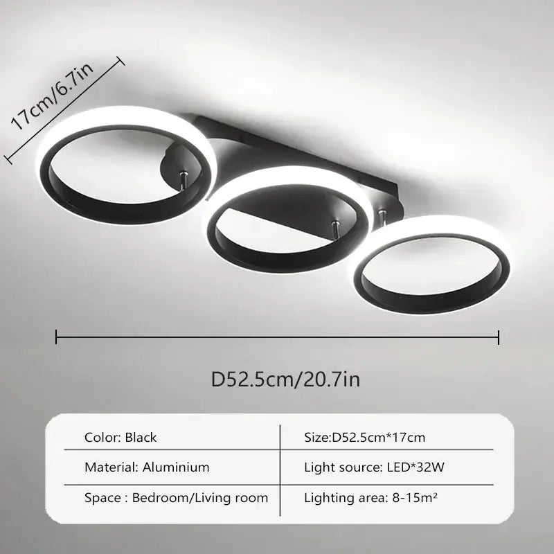 Simples Market LED ceiling light with three black circular rings on a rectangular aluminum base, ideal for hallway and living areas