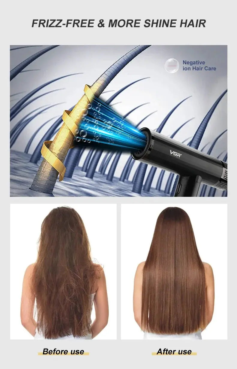 VGR hair dryer with negative ion care, black, Simples Market; before and after frizz-free hair.